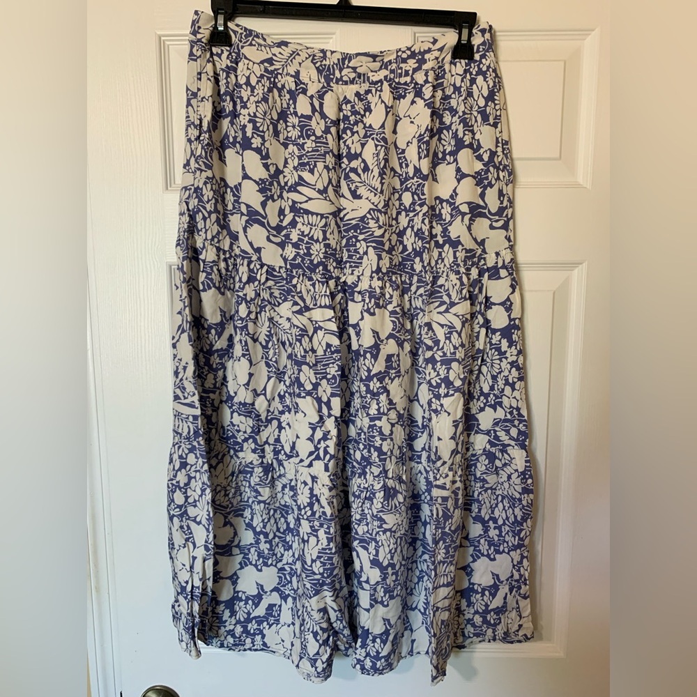 Cynthia Rowley Flowy Blue & White‎ Floral Maxi Skirt Side Pockets Large Coquette